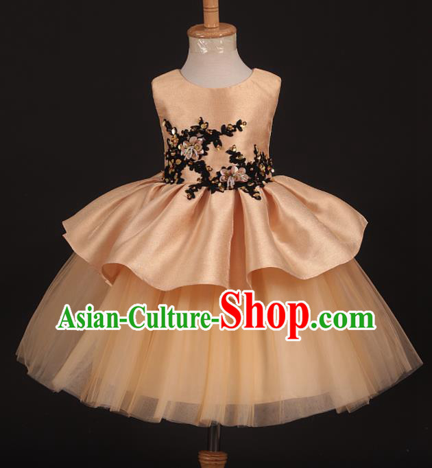 Professional Girls Catwalks Golden Short Dress Modern Fancywork Compere Stage Show Costume for Kids