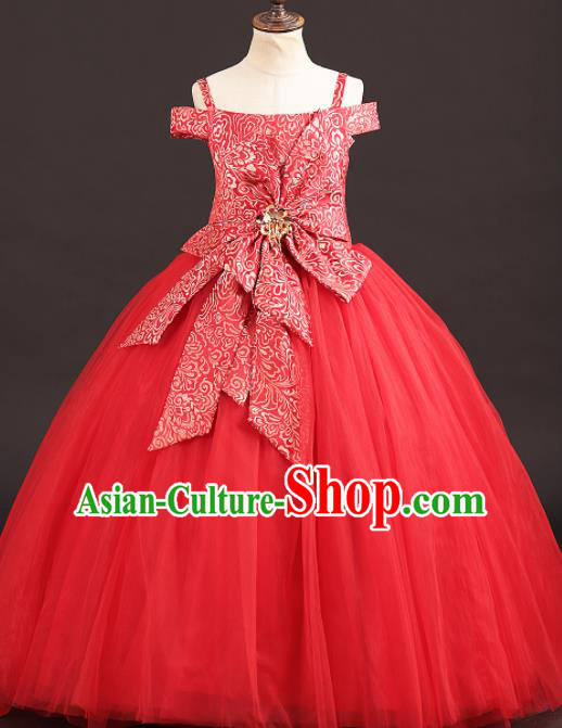 Professional Girls Catwalks Red Veil Trailing Dress Modern Fancywork Compere Stage Show Costume for Kids