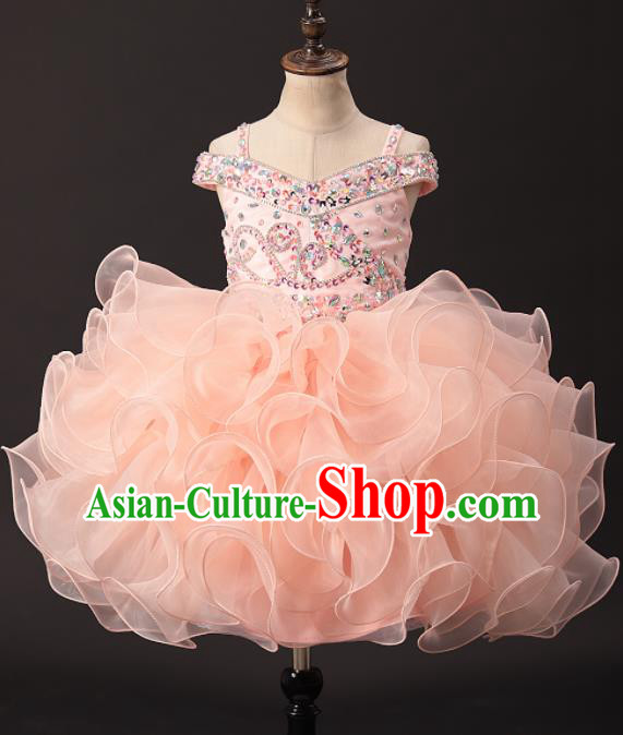 Professional Girls Catwalks Diamante Pink Dress Modern Fancywork Compere Stage Show Costume for Kids