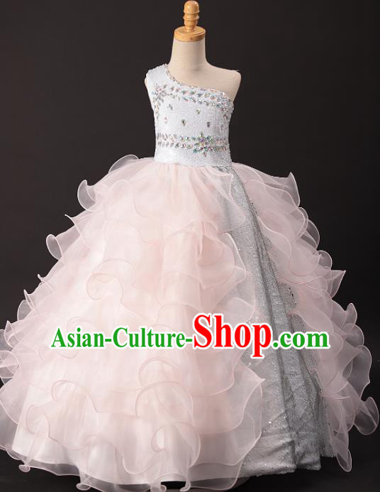 Professional Girls Catwalks Modern Fancywork Pink Veil Long Dress Compere Stage Show Costume for Kids