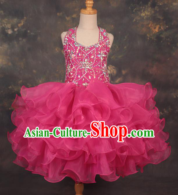 Professional Girls Catwalks Modern Fancywork Rosy Veil Short Dress Compere Stage Show Costume for Kids