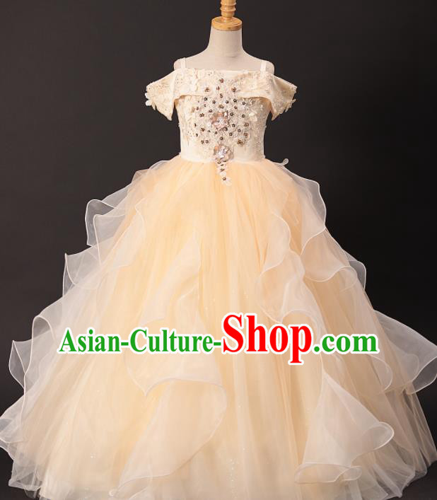 Professional Girls Catwalks Modern Fancywork Yellow Veil Dress Compere Stage Show Costume for Kids