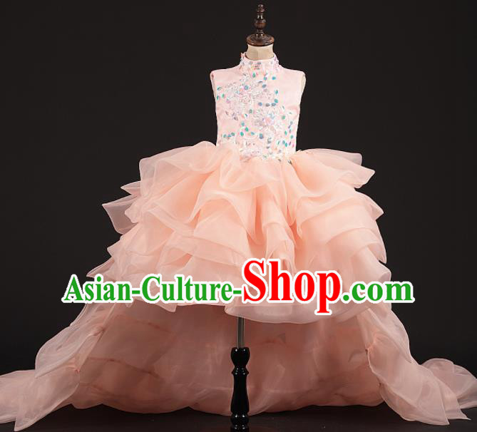 Professional Girls Modern Fancywork Pink Veil Trailing Dress Catwalks Compere Stage Show Costume for Kids