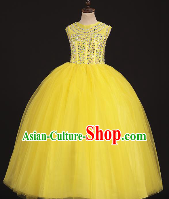 Professional Girls Modern Fancywork Yellow Veil Dress Catwalks Compere Stage Show Costume for Kids