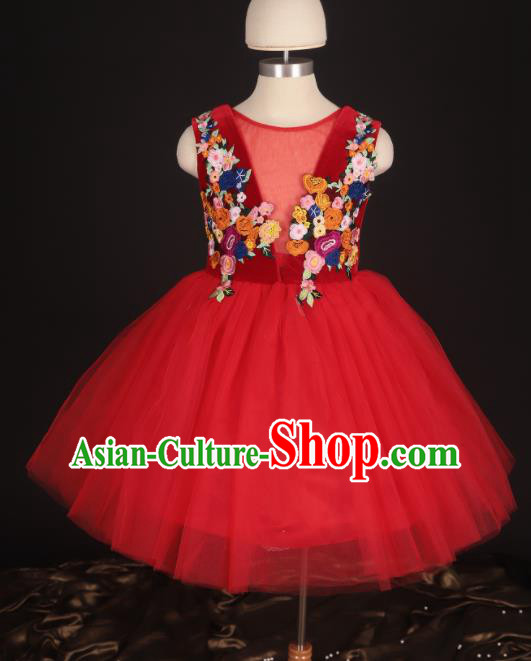 Professional Girls Modern Fancywork Red Veil Bubble Dress Catwalks Compere Stage Show Costume for Kids