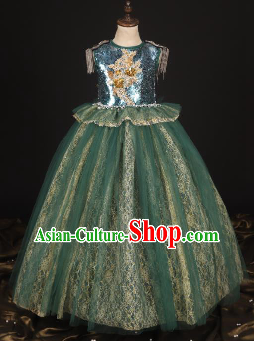 Professional Girls Modern Fancywork Green Lace Dress Catwalks Compere Stage Show Costume for Kids