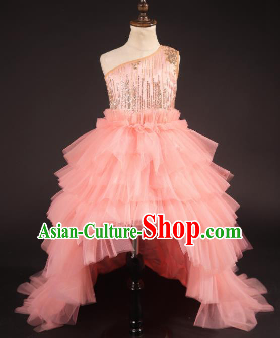 Professional Girls Modern Fancywork Pink Veil Trailing Dress Catwalks Compere Stage Show Costume for Kids