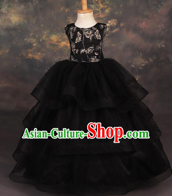 Professional Girls Modern Fancywork Black Veil Dress Catwalks Compere Stage Show Costume for Kids