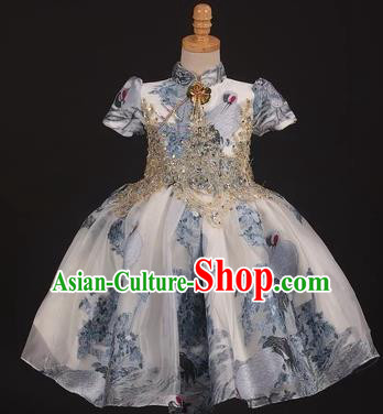 Chinese Stage Performance Folk Dance White Full Dress Catwalks Modern Fancywork Dance Costume for Kids