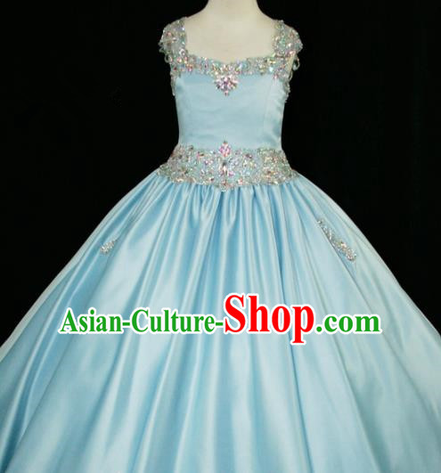 Professional Girls Compere Blue Full Dress Modern Fancywork Catwalks Stage Show Costume for Kids