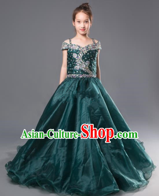 Professional Girls Compere Atrovirens Full Dress Modern Fancywork Catwalks Stage Show Costume for Kids