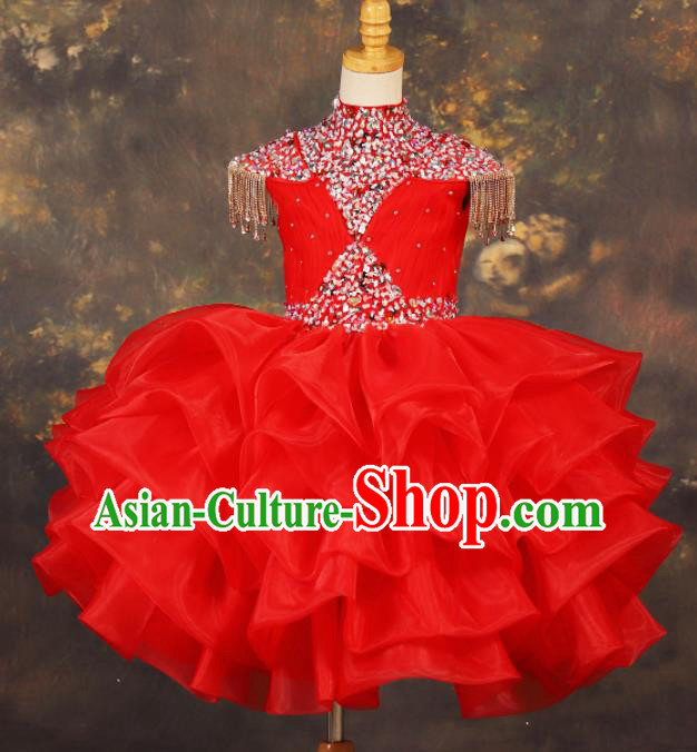 Chinese Stage Performance Crystal Red Full Dress Catwalks Modern Fancywork Dance Costume for Kids