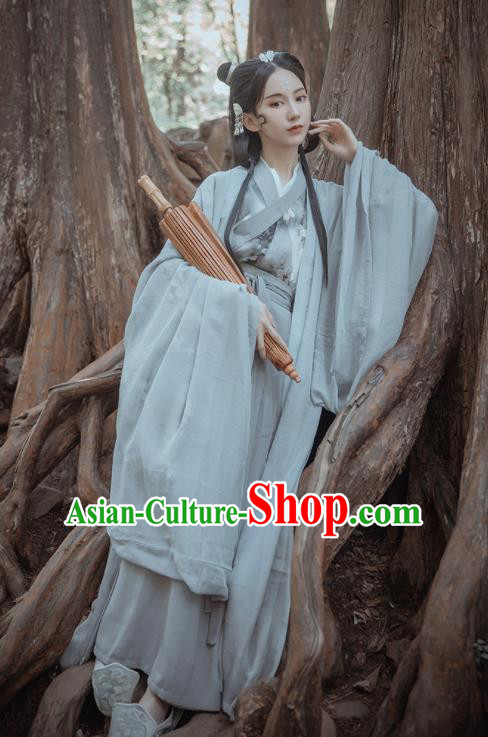 Chinese Traditional Ancient Female Swordsman Grey Hanfu Dress Jin Dynasty Court Princess Historical Costume for Women