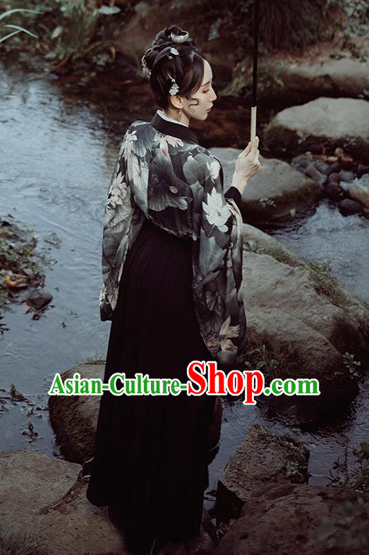 Chinese Ancient Court Lady Printing Lotus Black Hanfu Dress Traditional Jin Dynasty Princess Historical Costume for Women