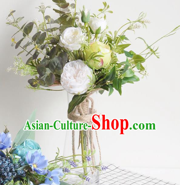 Handmade Classical Wedding White Peony Silk Flowers Bride Holding Emulational Flowers Ball Hand Tied Bouquet Flowers for Women