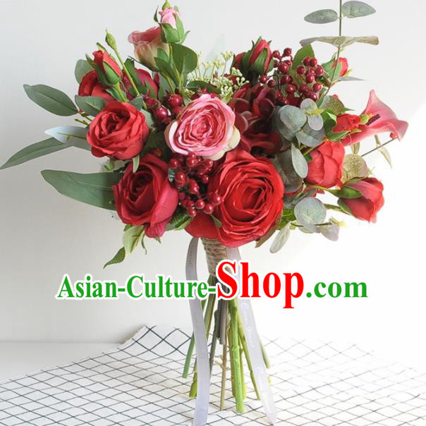 Handmade Classical Wedding Red Rose Flowers Bride Holding Emulational Flowers Ball Hand Tied Bouquet Flowers for Women