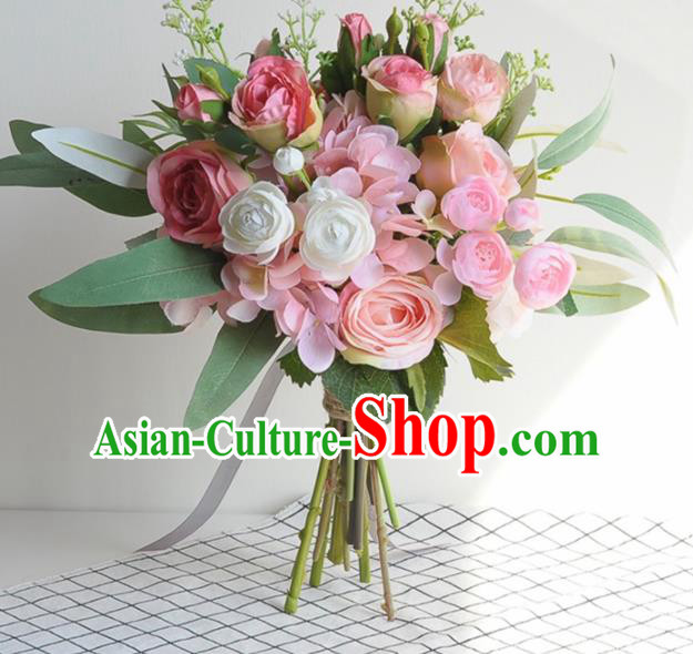 Handmade Classical Wedding Pink Rose Flowers Bride Holding Emulational Flowers Ball Hand Tied Bouquet Flowers for Women