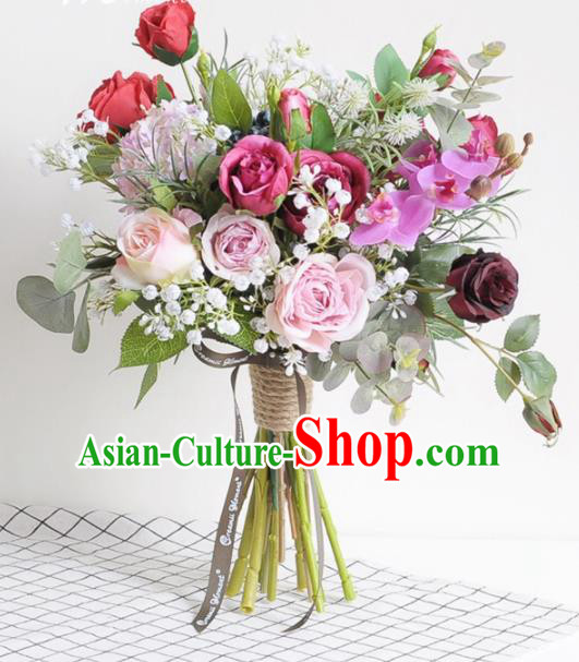 Handmade Classical Wedding Bride Holding Emulational Flowers Rose Flowers Ball Hand Tied Bouquet Flowers for Women