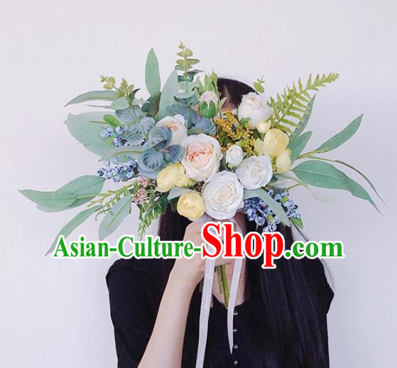 Handmade Classical Wedding Bride Holding Emulational Flowers Rose Flowers Ball Hand Tied Bouquet Flowers for Women