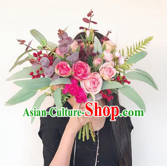 Handmade Classical Wedding Bride Holding Emulational Flowers Pink Rose Flowers Ball Hand Tied Bouquet Flowers for Women