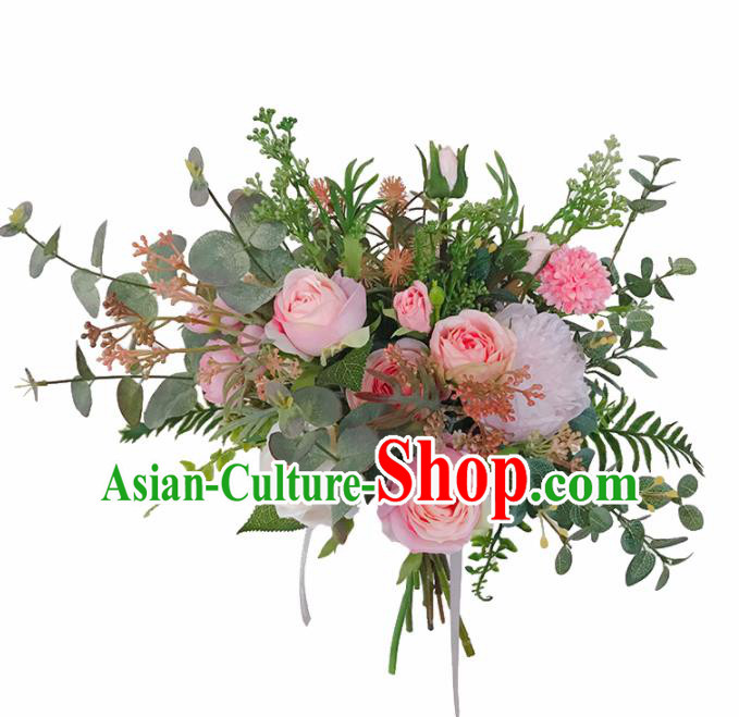 Handmade Classical Wedding Bride Holding Emulational Pink Rose Flowers Ball Hand Tied Bouquet Flowers for Women