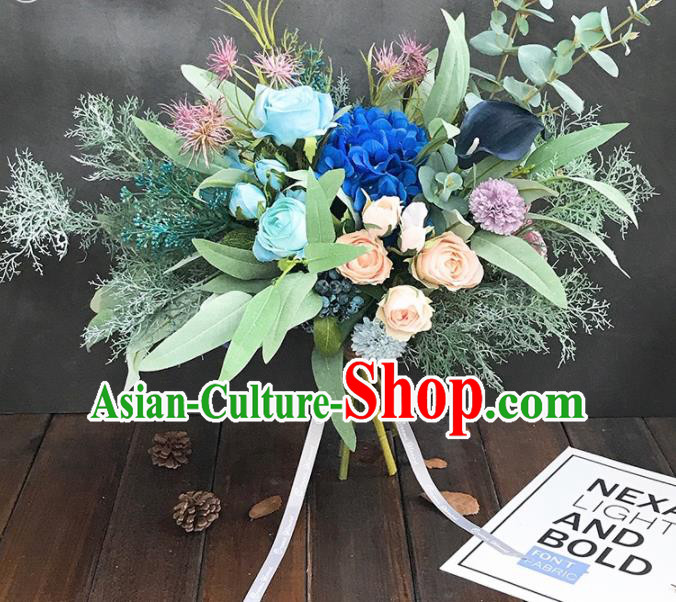 Handmade Classical Wedding Bride Holding Emulational Flowers Ball Blue Rose Hand Tied Bouquet Flowers for Women