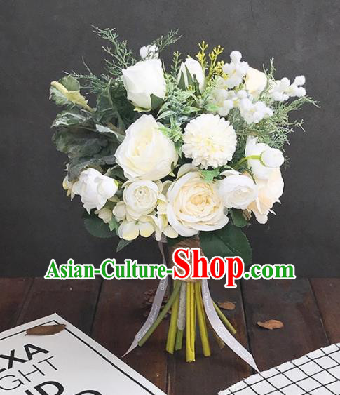 Handmade Classical Wedding Bride Holding Emulational Flowers Ball White Rose Hand Tied Bouquet Flowers for Women