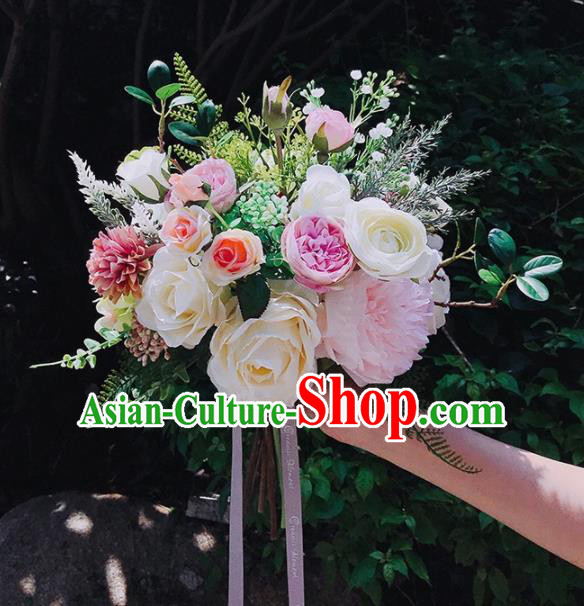 Handmade Classical Wedding Bride Holding Emulational Rose Flowers Ball Hand Tied Bouquet Flowers for Women