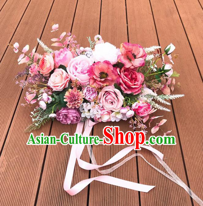 Handmade Classical Wedding Bride Holding Emulational Pink Rose Flowers Ball Hand Tied Bouquet Flowers for Women