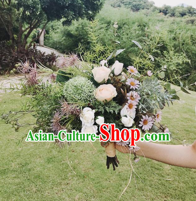 Handmade Wedding Bride Holding Emulational Classical Grass Rose Flowers Ball Hand Tied Bouquet Flowers for Women