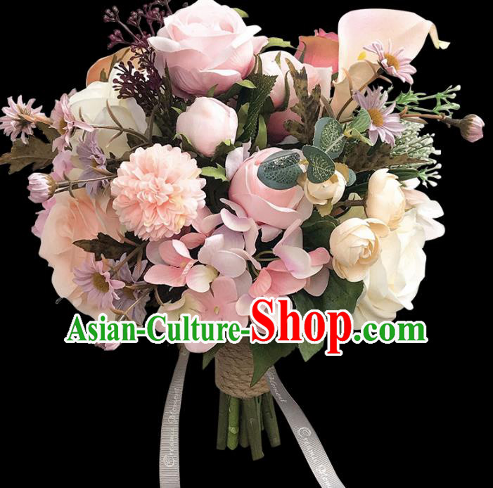 Handmade Wedding Bride Holding Emulational Classical Pink Flowers Ball Hand Tied Bouquet Flowers for Women