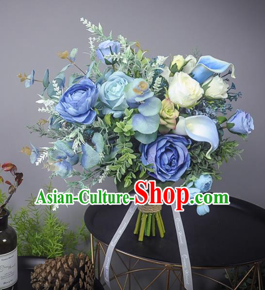 Handmade Wedding Bride Holding Emulational Classical Blue Rose Flowers Ball Hand Tied Bouquet Flowers for Women