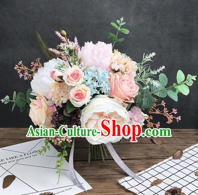 Handmade Wedding Bride Holding Emulational Classical White Peony Flowers Ball Hand Tied Bouquet Flowers for Women