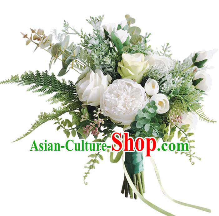 Handmade Wedding Bride Holding Emulational Classical White Peony Grass Ball Hand Tied Bouquet Flowers for Women