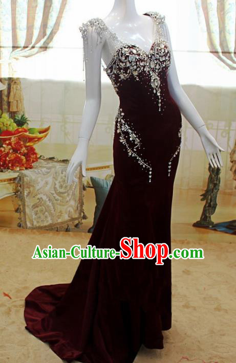 Top Grade Modern Fancywork Wine Red Formal Dress Compere Catwalks Costume for Women