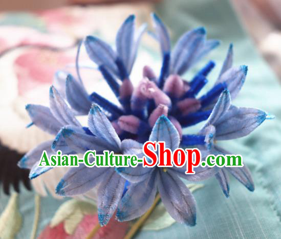 Chinese Handmade Blue Velvet Cornflower Hairpins Ancient Palace Headwear for Women