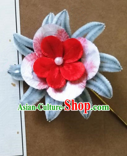 Chinese Handmade Blue Velvet Flowers Hairpins Ancient Palace Headwear for Women