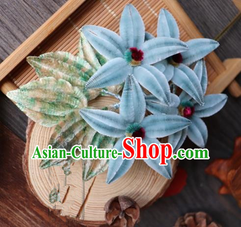 Chinese Handmade Blue Velvet Hairpins Ancient Palace Headwear for Women