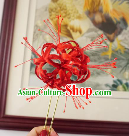 Chinese Handmade Red Velvet Spider Lily Hairpins Ancient Palace Hair Accessories Headwear for Women