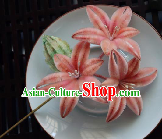 Chinese Handmade Pink Velvet Flowers Hairpins Ancient Palace Hair Accessories Headwear for Women