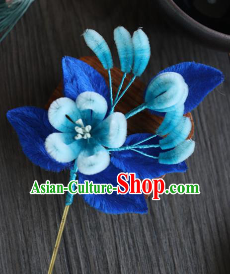 Chinese Handmade Blue Velvet Flowers Hairpins Ancient Palace Hair Accessories Headwear for Women