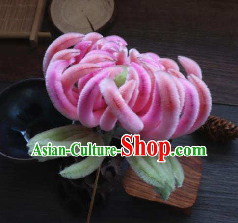 Chinese Handmade Pink Velvet Chrysanthemum Hairpins Ancient Palace Hair Accessories Headwear for Women