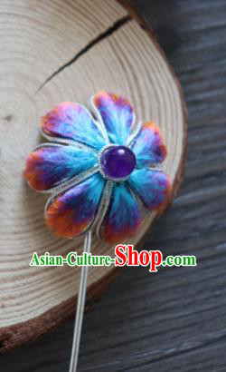 Chinese Handmade Blue Velvet Flowers Hairpins Ancient Palace Queen Hair Accessories Headwear for Women