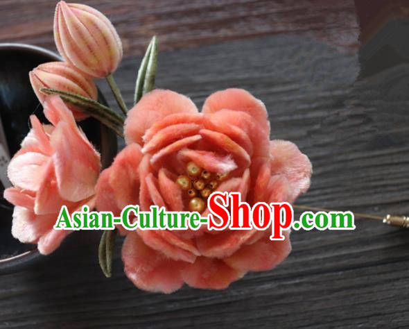 Chinese Handmade Orange Velvet Peony Hairpins Ancient Palace Queen Hair Accessories Headwear for Women