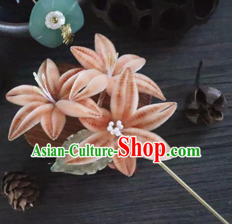 Chinese Handmade Orange Velvet Flowers Hairpins Ancient Palace Queen Hair Accessories Headwear for Women