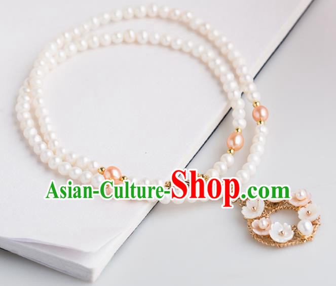 Handmade Chinese Classical Shell Flowers Necklace Ancient Palace Hanfu Pearls Necklet Accessories for Women