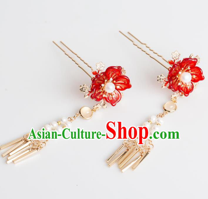 Chinese Handmade Red Flower Hairpins Ancient Princess Hair Accessories Headwear for Women