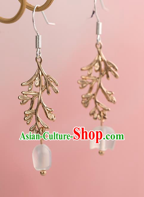 Handmade Chinese Classical Hanfu Golden Leaf Earrings Ancient Palace Ear Accessories for Women