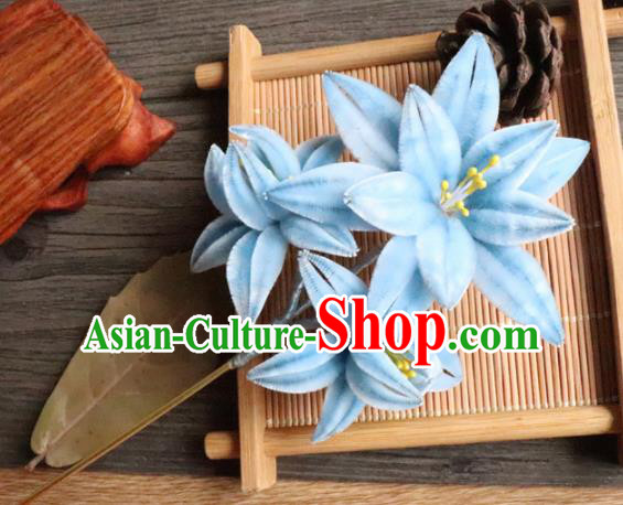 Chinese Handmade Wedding Blue Velvet Orchid Hairpins Ancient Palace Queen Hair Accessories Headwear for Women