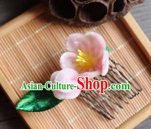 Chinese Handmade Wedding Pink Velvet Peach Flower Hair Comb Ancient Palace Queen Hair Accessories Headwear for Women